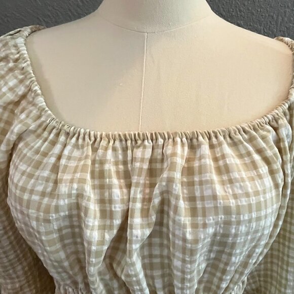 LEYDEN Smocked Boho Mini Peasant Prairie Beige & White Plaid Dress - NWT - L - Picture 3 of 16